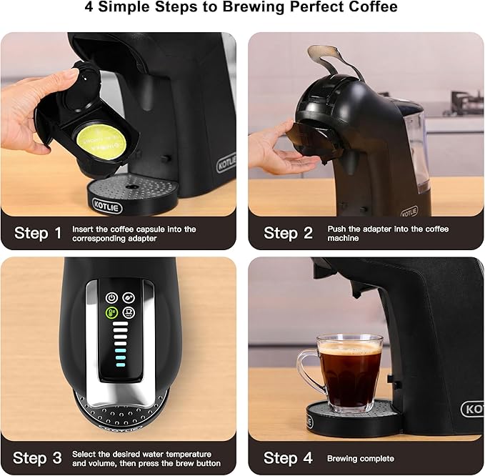 KOTLIE EM-308B Espresso Machine Single Serve Coffee Maker Compatible with Multiple Capsule Types Ground Coffee and ESE Pods 3 Temperatures 7 Water Volume Levels 34 Oz (Black)