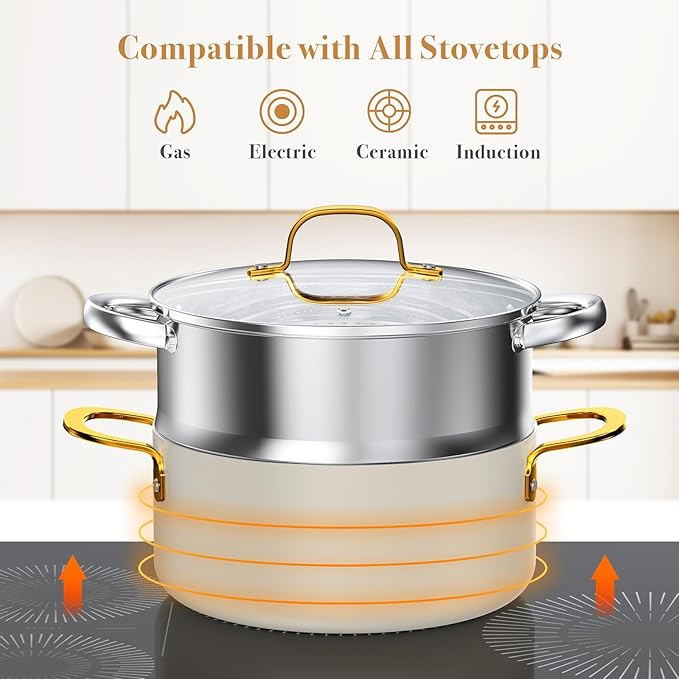 PekGema Ceramic Cookware Set 15-Pieces Pots and Pans Set Non Stick Oven Safe Non Toxic Kitchen Cookware Set PFOA PTFE FREE Gold White