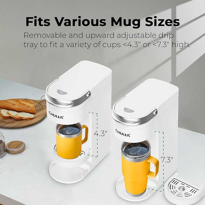 CHULUX Slim Single Serve Coffee Maker for K Pod One Cup Coffee Maker Fits 7.3 Travel Mugs Coffee Machine with 6 to 12oz Brew Sizes Pearl White