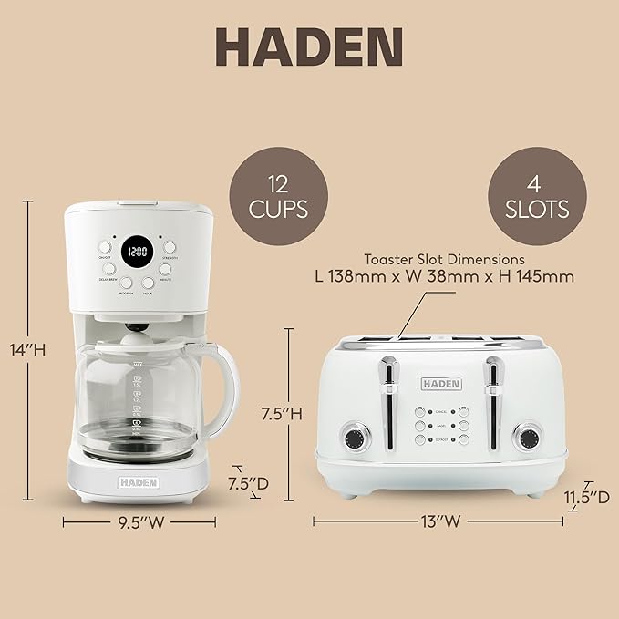 Haden Heritage 4 Slice Wide Slot Stainless Steel Toaster Bundled with 12 Cup Programmable Drip Coffee Maker Coffee Machine Ivory &amp Chrome