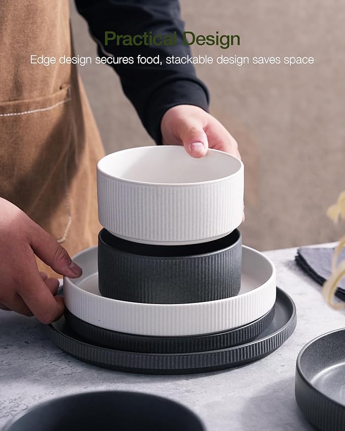 Famiware Star Dinnerware Set Plates and Bowls Sets for 8 (24pcs) Ribbed Stoneware Dishes - Chip &amp Scratch Resistant Microwave &amp Dishwasher Safe Multicolor - Matte White &amp Matte Dark Ch