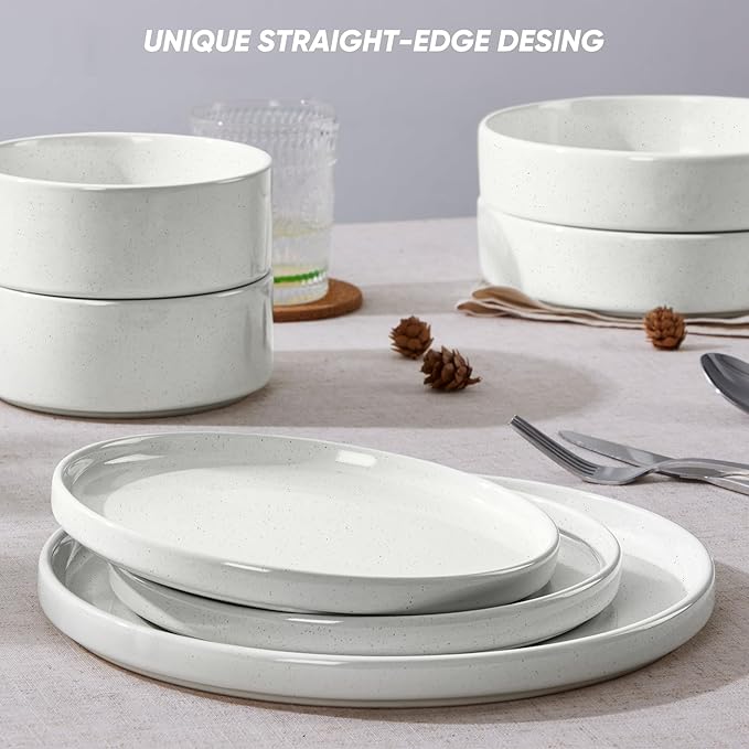 E-far 16-Piece Plates and Bowls Sets - Stoneware Dinnerware Sets with Pasta Bowls for 4 | Microwave &amp Dishwasher Safe Kitchen Modern Dish Set Speckled White