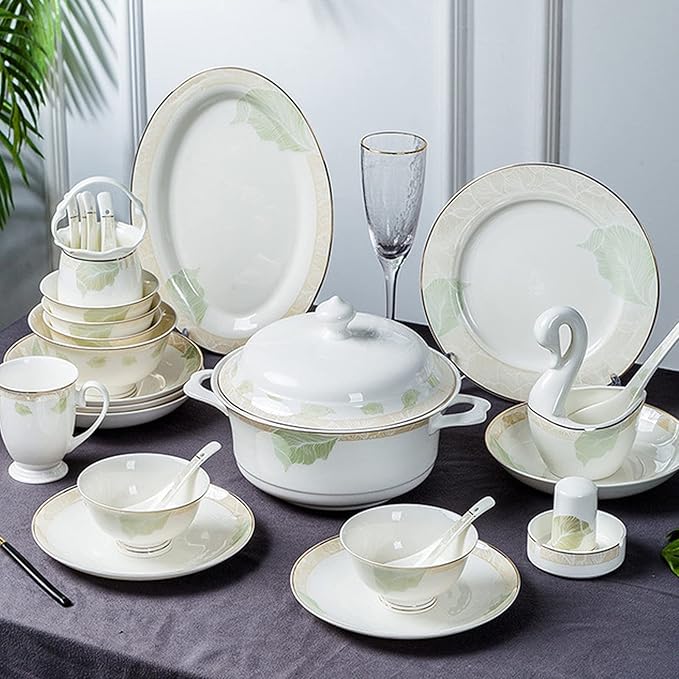 Home Banquet Cutlery Set White Bone China Cutlery Set with Dinner Plates Dessert Plates Soup Plates Saucers for Gifts Wedding Hotel 62 Piece