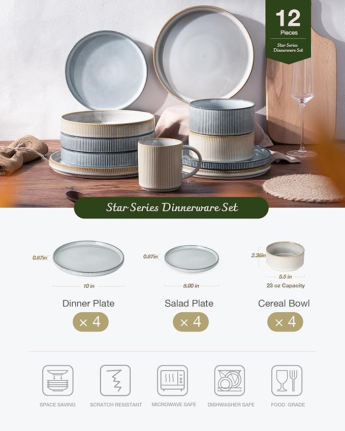 famiware Star Dinnerware Set Plates and Bowls Sets for 4 (12pcs) Ribbed Stoneware Dishes - Chip &amp Scratch Resistant Microwave &amp Dishwasher Safe Multicolor - Cappuccino White &amp Smoky Bl