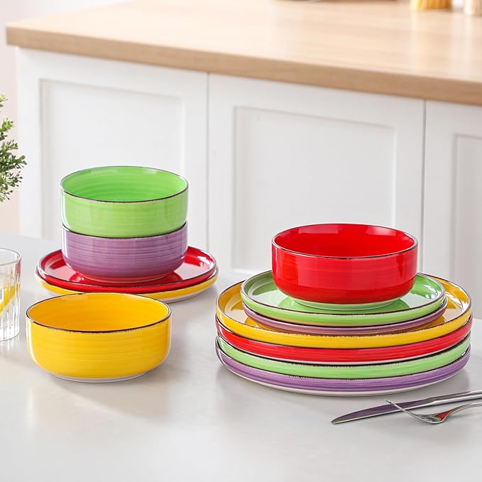 vancasso Bonita Stoneware Dinnerware Sets 12 Pieces Dishes SetPolished Round Plates and Bowls Set for 4 Dishwasher and Microwave Safe Multicolor
