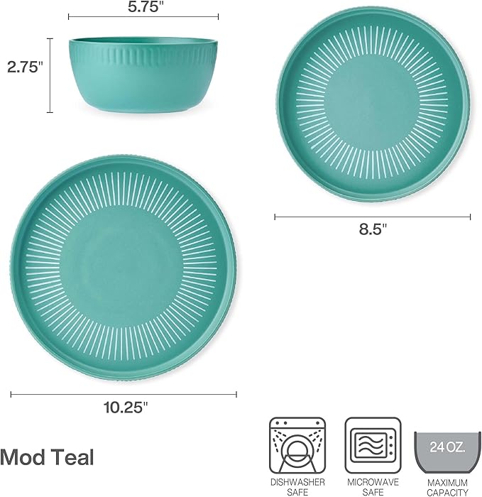 Darbie Angell Mod Teal 12 Piece Durable Stoneware Dinnerware Set Service for 4 Plate and Bowl Set with High Rims Modern Tableware