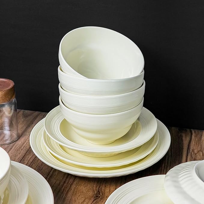 Dinnerware Set for 6 Modern Stoneware Dish Set 24-Piece Porcelain Plates and Bowls Set Ceramic Kitchen Dinner Set Service for 6 Microwave and Dishwasher Safe Lvory (24pcs lines)