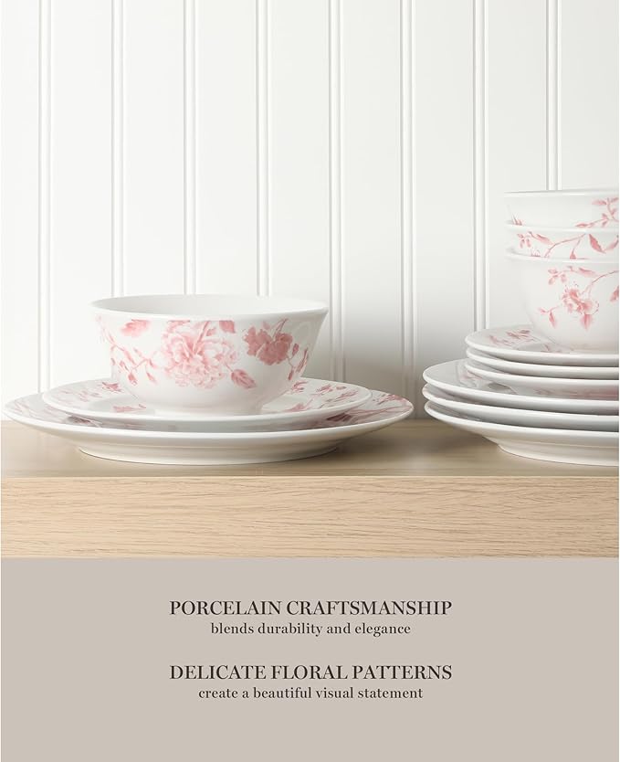 Martha Stewart Empress Bouquet 12-Piece Decorated Porcelain Chip and Scratch Resistant Dinnerware Plates and Bowls Set - Pink Floral