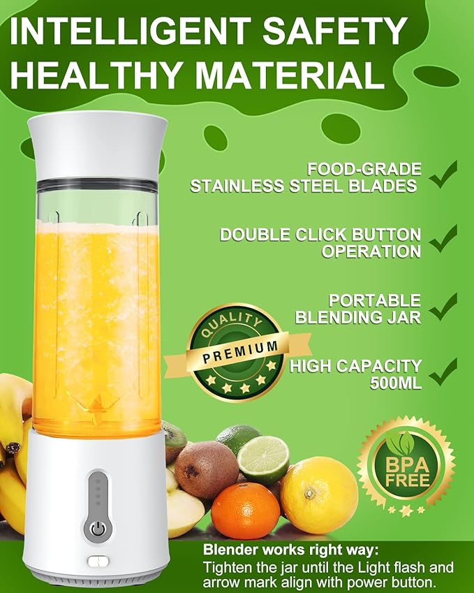 Portable Blender for Shakes and Smoothies 17 Oz Personal Size Blenders Ultra Sharp 6 Blades Portable Blender USB Rechargeable Personal Blender with BPA Free Mini Blender for Sports/Travel/Home/Gym/