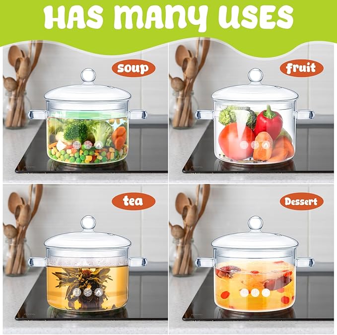 Uiifan 2 Pcs Glass Cooking Pot with Cover and Handle Heat Resistant 44 oz and 50 oz Glass Cookware Set Clear Simmer Pot Handmade Glass Saucepan for Noodles Soup Tea Milk Pasta