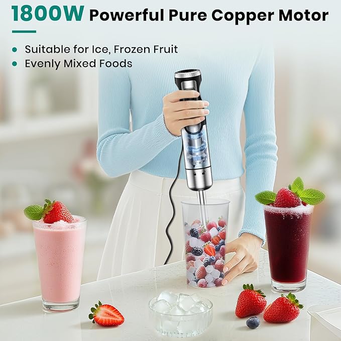 1800W Immersion Blender Handheld 4-in-1 Hand Blender Stick for Ice Crushing Smoothie Baby Food Soup 8 Speed Hand Mixer Turbo Boost Stainless Steel Blade with Whisk Chopper Beaker