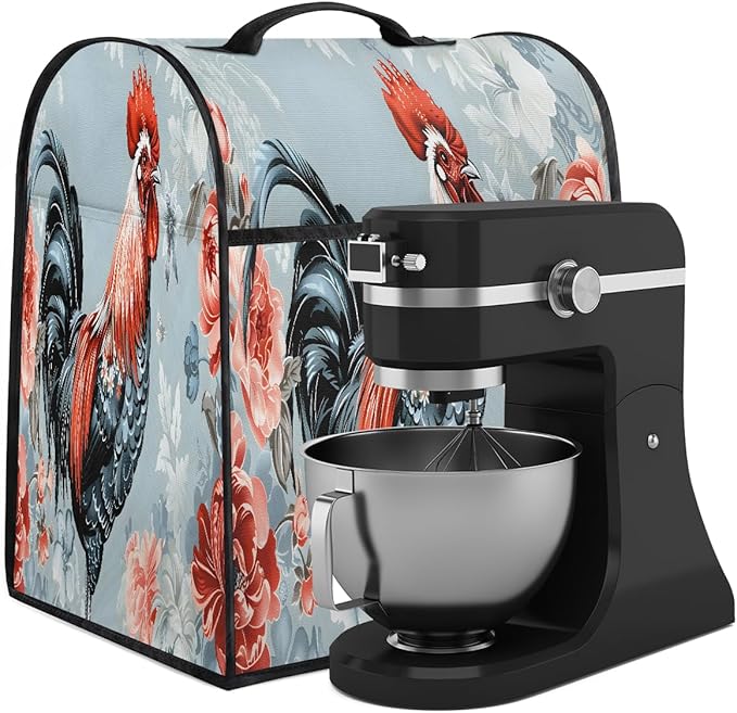 Kitchen Aid Mixer Cover Watercolor Rooster Chicken Floral Stand Mixer Cover Compatible with 6-8 Quarts Stand Mixers Dust Covers with Zipper Pocket Foldable Washable Kitchen Aid Organizer Bag