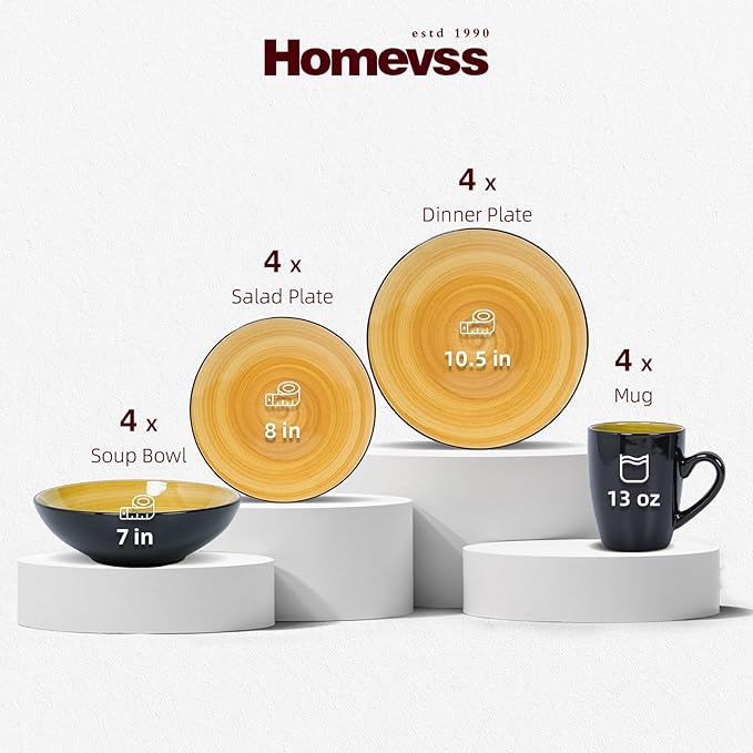 Sonoma 16 Piece Stoneware Dinner Set Outside Black + Inside Handpainted Color Yellow with speckle