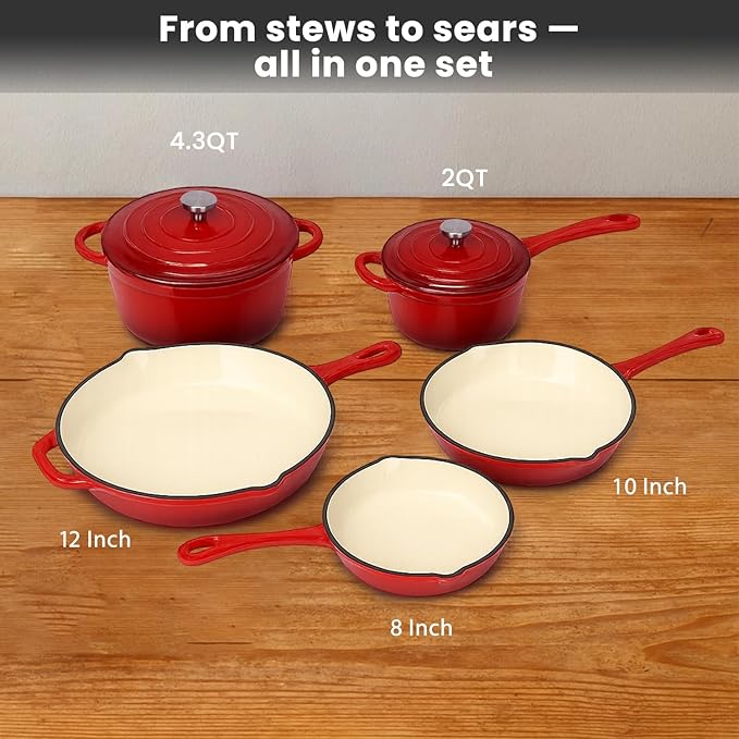 QuliMetal Nonstick Enameled Cast Iron Cookware Set 5 Pcs Pots and Pans with Lid Skillet Frying Pan Saucepan &amp Dutch Oven for All Stovetops PFA Free - Ideal for Sourdough Bread Baking