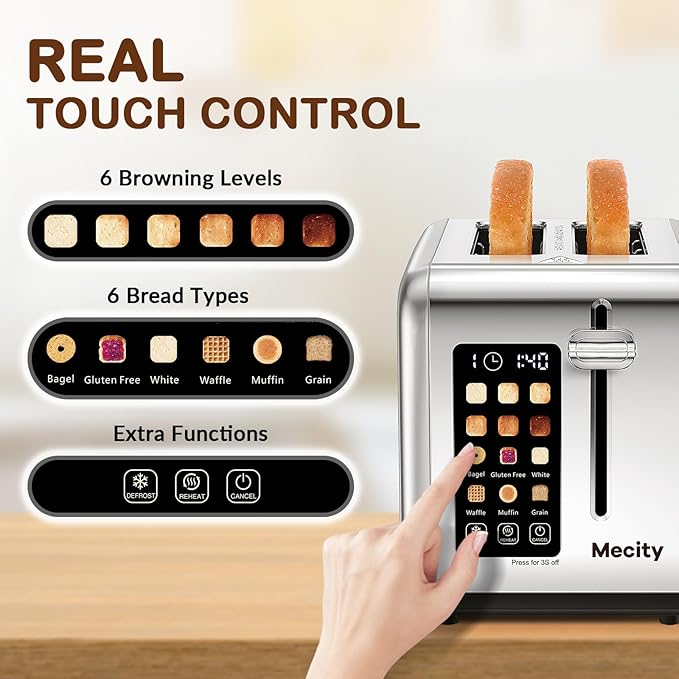 Mecity 2 Slice Toaster Touch Screen 1.5 Wide Slot Stainless Steel Smart Bread Toaster for Bagel Muffin Waffle Gluten Free Breads Timer Defrost Reheat 120V 825W