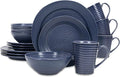 Elanze Designs Charming Chic Ribbed Modern Thrown Pottery Look Ceramic Stoneware Plate Platter Mug &amp Bowl Kitchen Dish Dinnerware 16 Piece Set - Service for 4 Navy Royal Blue