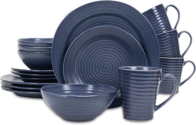 Elanze Designs Charming Chic Ribbed Modern Thrown Pottery Look Ceramic Stoneware Plate Platter Mug &amp Bowl Kitchen Dish Dinnerware 16 Piece Set - Service for 4 Navy Royal Blue