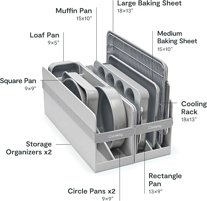 Caraway 23-Piece Nonstick Ceramic Cookware &amp Bakeware Set – Pots Frying Pans Lids Baking Sheets Pans Cooling Rack &amp Storage – Oven Safe Non-Toxic – Compatible with All Stovetops - Gray