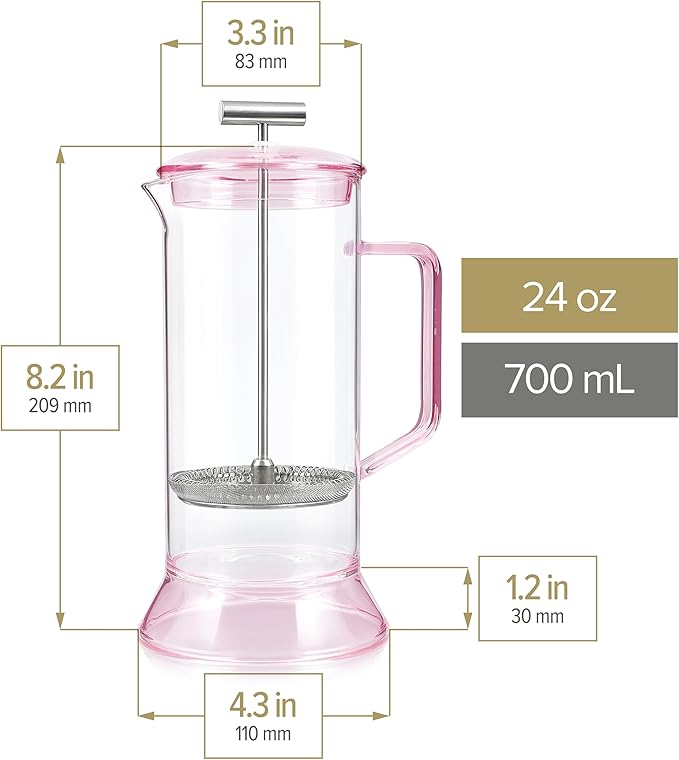 Teabloom Toulouse Borosilicate Glass Tea Press and Coffee Maker with No Plastic 24-Ounce (700 mL) - Dawn Rose