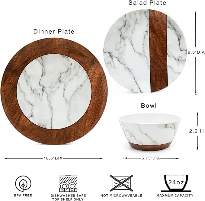 LEHAHA Rustic Modern Melamine Dinnerware Sets Marble 12-Piece Lightweight Outdoor Plates and Bowls Sets Unbreakable Wood Patterns Dishes Dinnerware Set Service for 4…