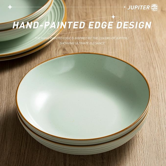 Famiware Jupiter Plates and Bowls Set for 4 16 Pieces Dinnerware Sets 8.5 Pasta Bowls for Serving Light Green