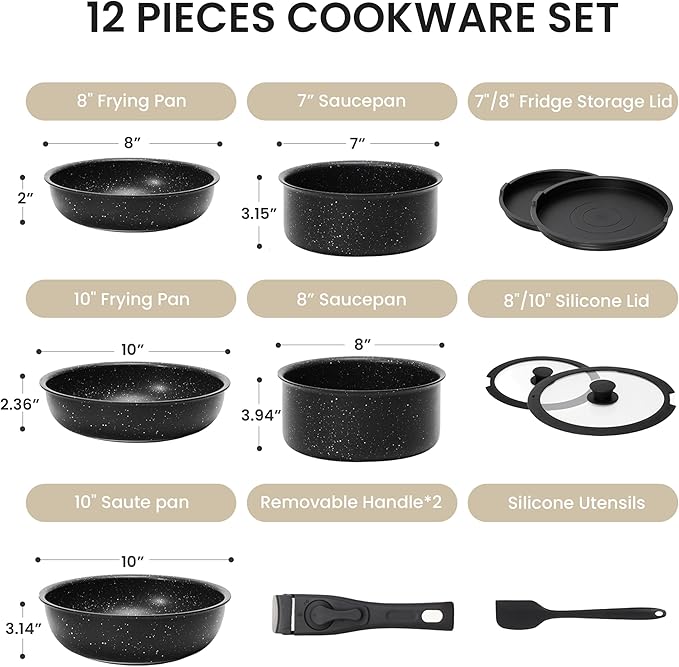 HealSmart 12 Pcs Pots and Pans Set Non-Stick Cookware Set with Detachable Handles Black Granite Texture Resistant to High Temperatures Oven Safe PFAS and PFOA Free