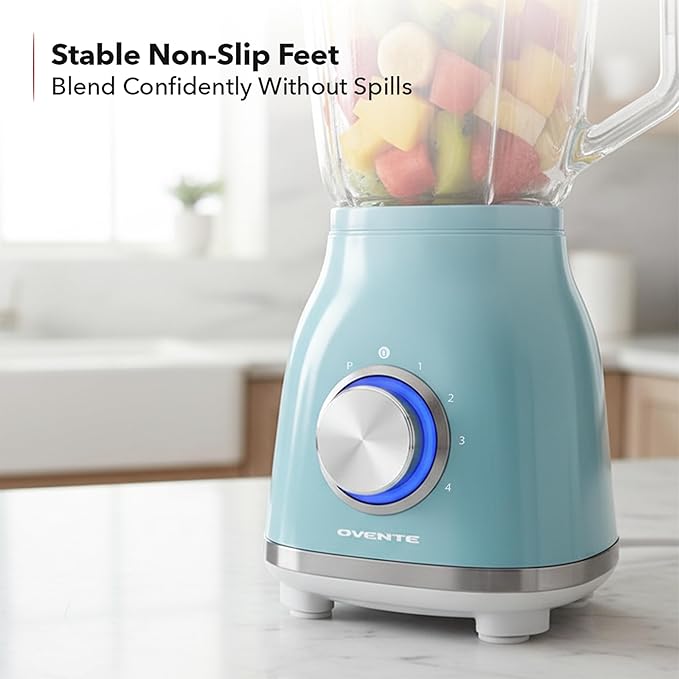 OVENTE Countertop Blender for Shakes and Smoothies with 550W Motor 50 Oz Glass Jar and Adjustable 4 Speed Settings Ideal for Frozen Fruit Drinks Puree Ice Crush Sauces and More Blue BLH2604LBL