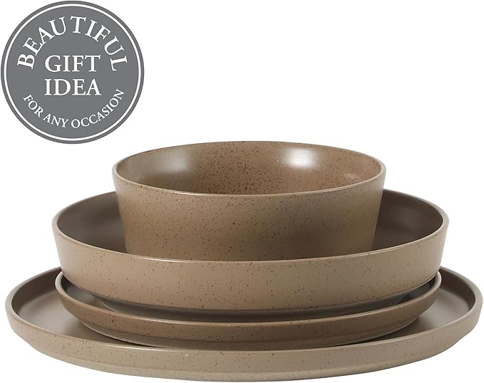 Gibson Elite Overbrook 16-Piece Pottery Clay Stoneware Dinnerware Set – Terraccotta Brown Reactive Glaze Stackable Plates and Bowls w/Pasta Bowl Service for 4 – Microwave &amp Dishwasher Safe