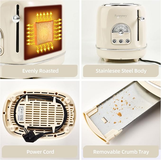 Retro Stainless Steel Toaster - 2 Slice Extra-Wide Slot 6 Adjustable Settings Removable Crumb Tray Defrost Cancel Reheat (Cream)