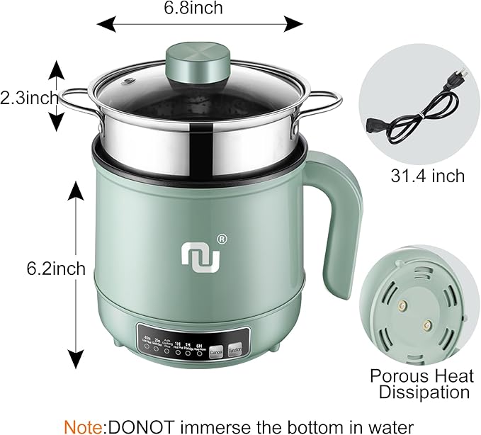 Smart Mini Hot Pot with Timer and Automatic Shut Off 1.2L Non-Stick Rapid Noodle Cooker w Stainless Steel Steamer Basket 600W Quick Cook 5 Cooking Modes for Soup Rice (1cup)  Porridge Pasta Great f