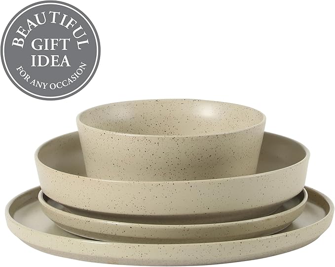 Gibson Elite Overbrook 16-Piece Pottery Clay Stoneware Dinnerware Set – White Reactive Glaze Stackable Plates and Bowls w/Pasta Bowl Service for 4 – Microwave &amp Dishwasher Safe