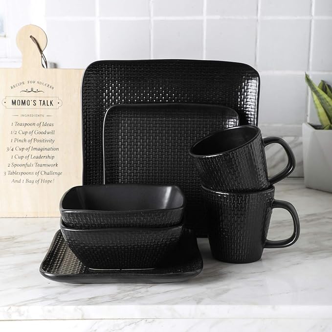 Stone Lain 32 Piece Stoneware Square Weave Dinnerware Set Service for 8 Black