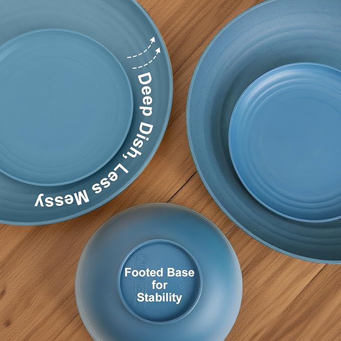 Dinnerware Sets for 8 Wheat Straw Bowls and Plates Set Microwave and Dishwasher Safe Dish Sets 32 PCS Unbreakable &amp Lightweight Camping Plates Cups and Bowls Set for Kitchen - Blue