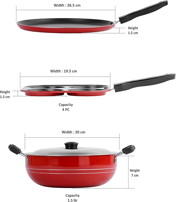 Sumeet 2.6mm Thick Non-Stick Red Blush Combo set (Dosa Tawa – 26.5cm Dia + Multi snack maker – 26.5cm Dia + Kadhai With Lid – 1.5Ltr capacity- 20cm Dia)