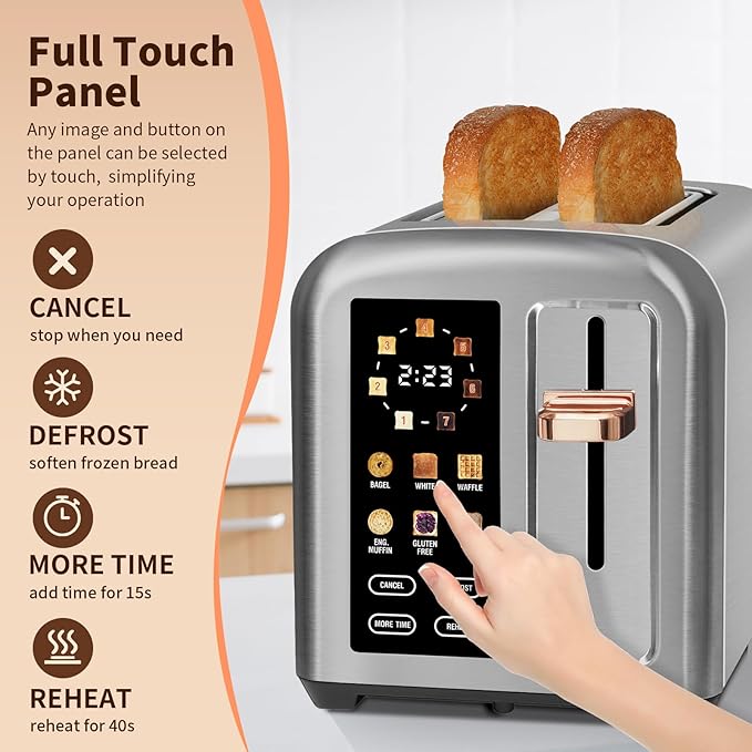 SEEDEEM Toaster 2 Slice Touch Control Stainless Toaster LCD Display 50% Faster Heating Speed 1.4'' Wide Slots More Timer Functions Removable Crumb Tray 1350W Silver White