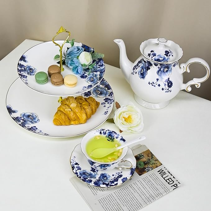 Fine Bone China Dinnerware Set for 4 2-Tier Afternoon Tea Stand Porcelain Cupcake Stand Serving Tray