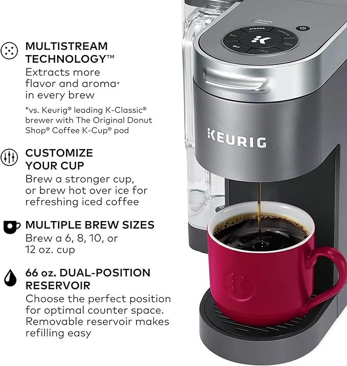 Keurig K-Supreme Single Serve K-Cup Pod Coffee Maker MultiStream Technology 4 Brew Sizes 66oz Dual-Position Removable Reservoir Gray (Renewed)