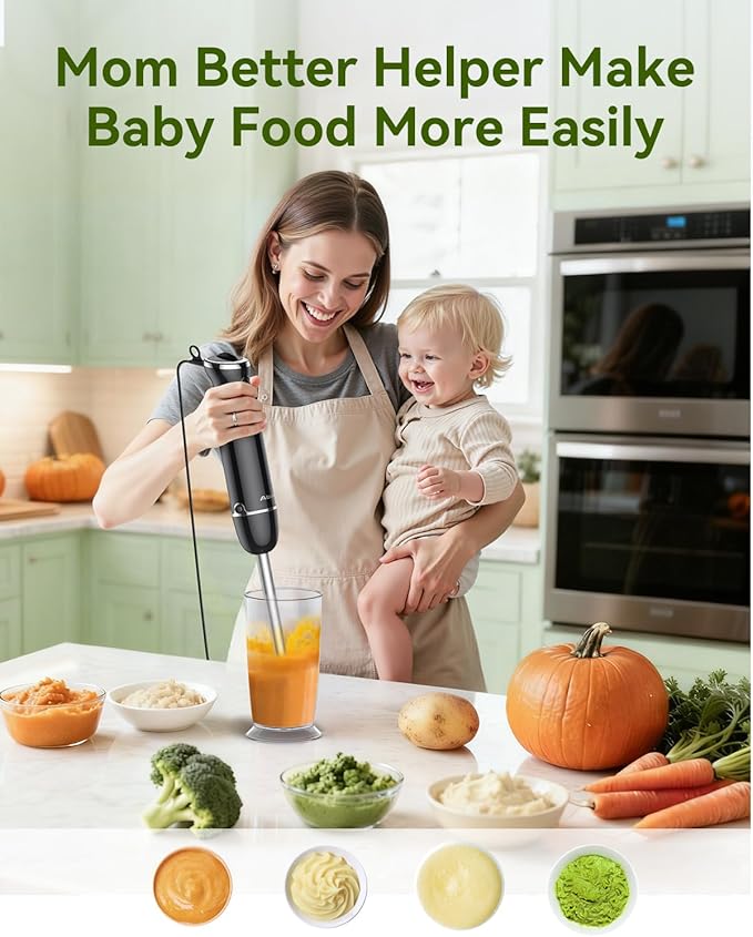 Immersion Blender Handheld Hand Blender 1000W 5 in 1 Hand Mixer Stick BPA-Free 12 Speed Handheld Blender 304 Stainless Mixing Beaker Chopper Whisk Milk Frother Soup Smoothies Baby Food Sauce