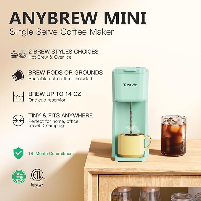 Mini Hot and Iced Coffee Maker Single Serve for K Cup and Ground 6 to 14 Oz Brew Sizes with Recipe Book for Home Travel RV Office and Dorm Mint