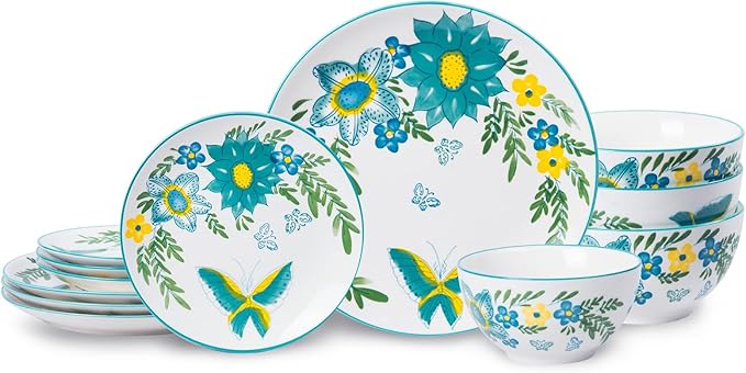 HomePop Ceramic 12-Pieces Dinnerware SetsDish Plates and Bowls Sets - Blue Turquoise