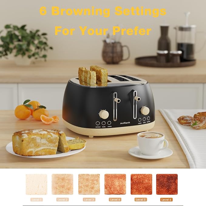 Toaster 4 SliceRetro Stainless Steel Toaster with Extra Wide Slots Dual Independent Control Panel Cancel Bagel Defrost Function Removable Crumb Tray Matt Black