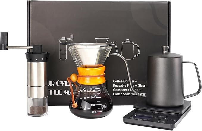 SuperCook Pour Over Coffee Kit Coffee Maker Set All in One Hand Drip Coffee Set Coffee Grinder Manual Set Ideal for Anniversary Birthday Gift