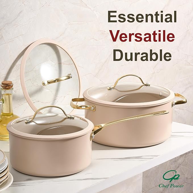 Chef Power Ceramic Cookware Sets 15Pcs Pots and Pans Set Non Stick Cookware Set with Stainless Steel Handle Dishwasher &amp Oven Safe Taupe and Light Gold Handle