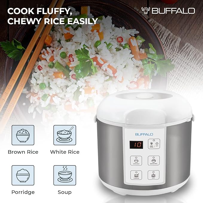 Buffalo Classic Rice Cooker with Clad Stainless Steel Inner Pot - Electric Rice Cooker for White/Brown Rice Grain - Easy-to-clean Non-Toxic &amp Non-Stick Auto Warmer (5 Cup)