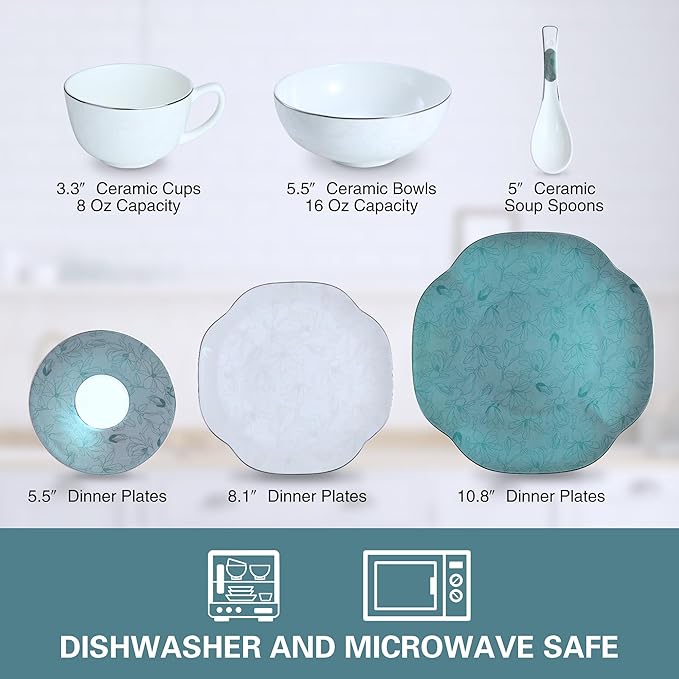 24 Piece Porcelain DinnerwareBone china Set for 4 Plates and Bowls Sets With exquisite Handmade Green FloralHighly Chip and Crack Resistant | Oven &amp Dishwasher (Green + Floral)