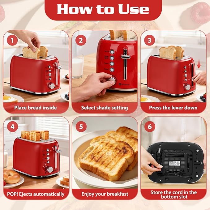 Aigostar Toaster 2 Slice Retro Extra-Wide Slot Toasters Best Rated Prime for Toasting Bagels Breads Waffles &amp More Cancel Defrost &amp 6 Browning Removable Crumb Tray Stainless Steel Red