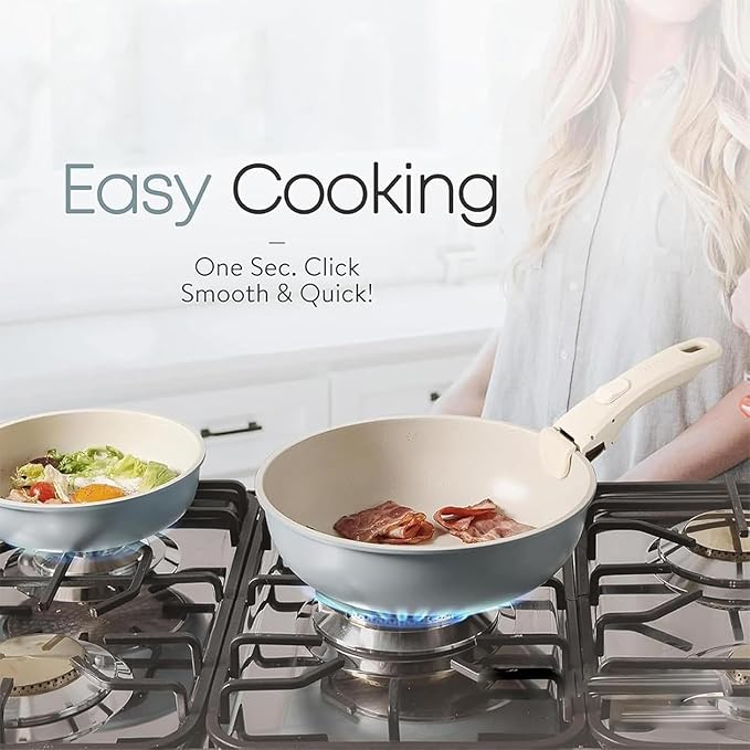 Cookware Set Non-stick ceramic cookware set Non-toxic induction cooktop with Removable HandlesEasy to clean suitable for kitchen sets RV cooking equipment (white20 pcs)