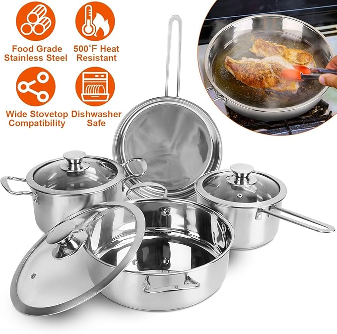 Stainless steel cookware set fast and uniform heating induction cooker set dishwasher safety belt 2.7/3.7 quart stew pot 2 quart sauce pot 9.17 inch frying pan