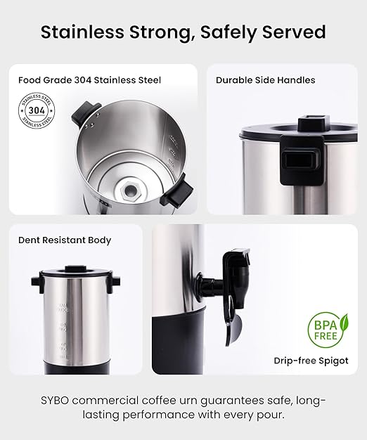 SYBO SR-CP30C Commercial Grade Stainless Steel Percolate Coffee Maker Hot Water Urn for Catering Hot Beverage Dispenser 30-Cup 3.5L Metallic