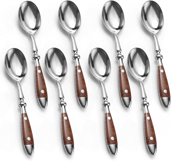 Teaspoons 8-Pack Stainless Steel 6.7 Inches Teaspoons with Wood Grain Bakelite Handle For Coffee Dessert Ice Cream Dishwasher Safe
